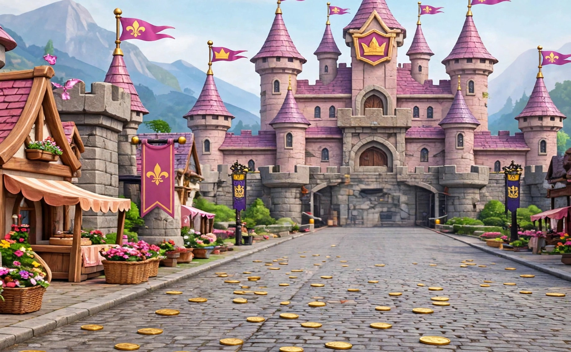 A clear cobblestone royal road leading straight to a pink castle