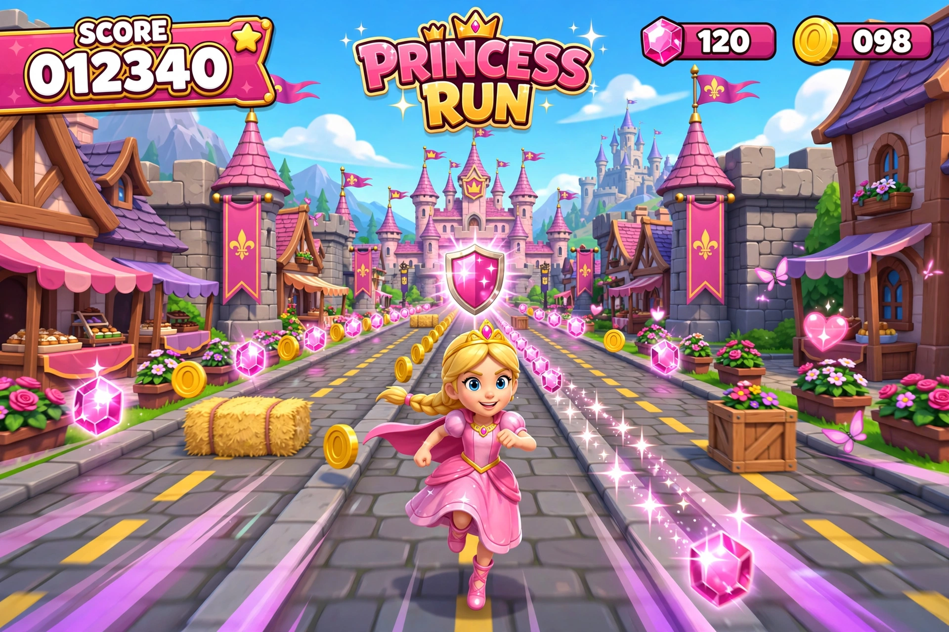 A bright three-dimensional princess village with a pink castle, royal road, gems, coins, and a running princess